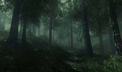 Obraz premium Mysterious Foggy Forest Path with Lush Greenery and Sunlight Filtering Through the Canopy