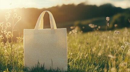 Eco friendly blank textile bag set against a summer backdrop Ideal template for branding and printing Reflects a zero waste concept