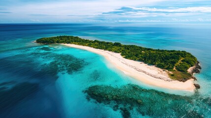 Aerial perspective of a tropical island featuring sandy shores and a vibrant blue sea under a clear daytime sky