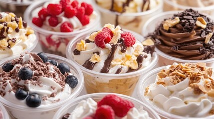 Fototapeta premium Close up view of various toppings for sundaes showcasing the delightful options available at an ice cream parlor emphasizing small business themes