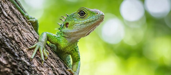 Fototapeta premium Common Green Forest Lizard On A Tree Lizard Relaxing On Tree Branches Close Up Of Lizard
