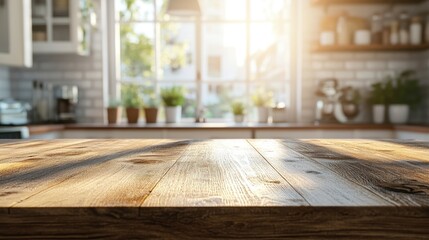 Empty wooden tabletop with a blurred kitchen backdrop illuminated by natural daylight ideal for mockups and promotional use