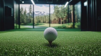 Golf ball resting on tee within a golf simulator environment