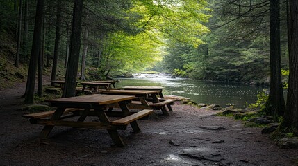 camp picnic tables in forest