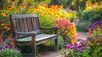 Wooden bench surrounded by vibrant flowers in a lush garden Scenic park featuring blossoming shrubs on a sunny summer day