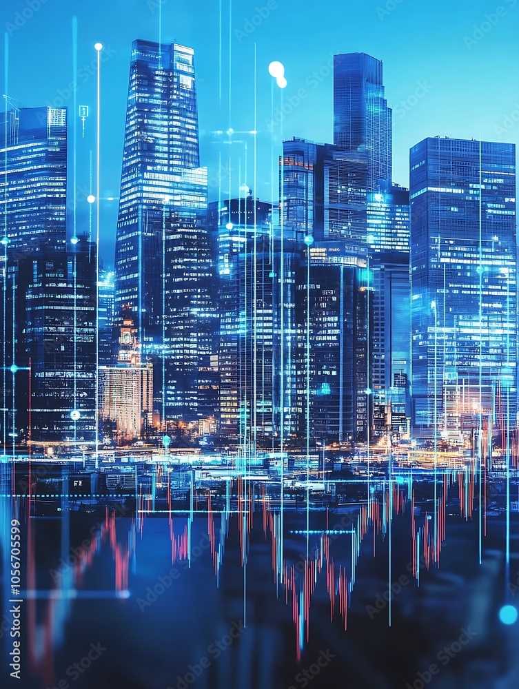 Aufkleber Futuristic Digital Cityscape with Data Visualization and Technology Trends : Generative AI