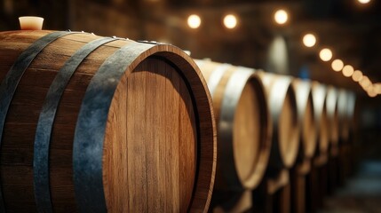 Vintage wooden barrels in a blurred dark wine cellar background featuring old oak casks stored for winemaking A representation of vineyard and viticulture production