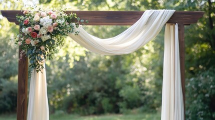 Wedding arch adorned with a flowing wide decorative fabric