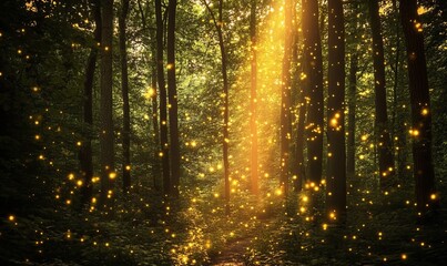 A mesmerizing forest scene with glowing lights and radiant golden beams, creating an enchanting atmosphere of tranquility and wonder
