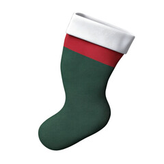 Christmas stocking with white trim and green and red details, minimalist style, isolated on png transparent background