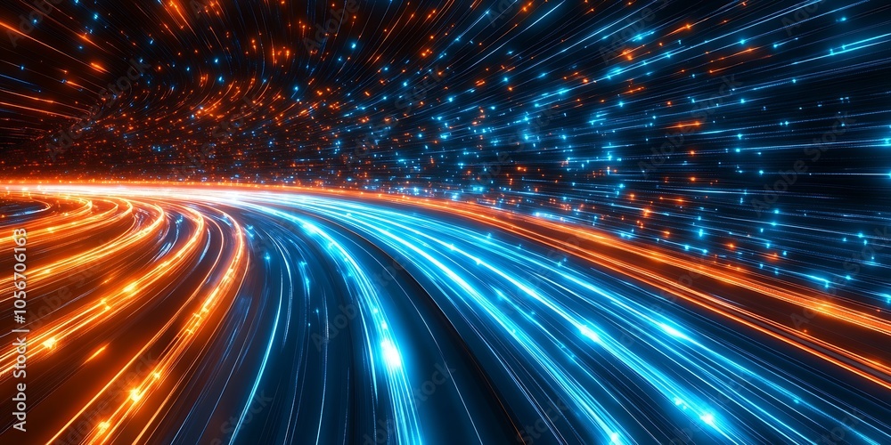 Poster vibrant dynamic technology light burst in blue and orange for innovative scifi cyber space design : 