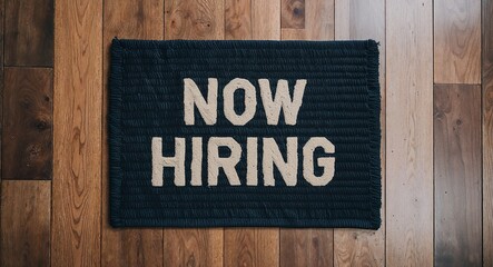 now hiring text on mat rug in wooden floor background