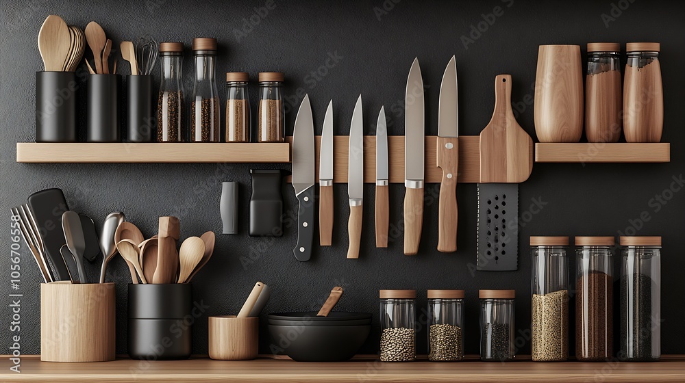 Poster Modern Kitchen Counter with Elegant Wooden Utensils and Sleek Design Elements : Generative AI
