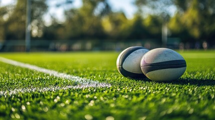 Two rugby balls on a green grass field with markings