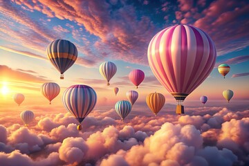 Fototapeta premium Cute Cartoon Hot Air Balloons Sunset - Whimsical Cozy Sky Illustration