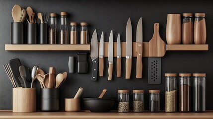 Modern Kitchen Counter with Elegant Wooden Utensils and Sleek Design Elements : Generative AI