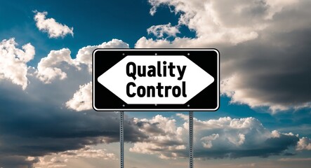 quality control text on road sign with clouds and sky background