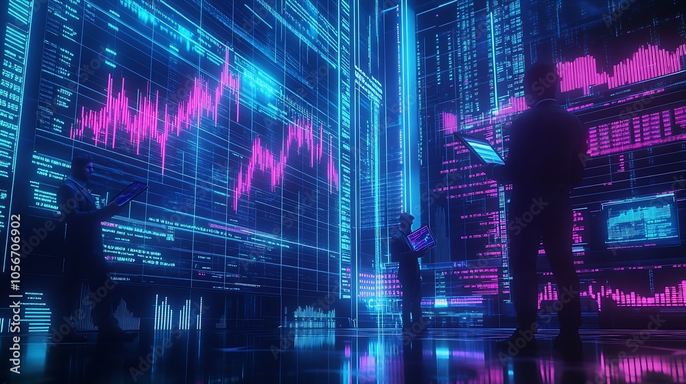 Poster Innovative Digital Trading Floor with Graphs and Data Screens Showcasing Modern Business : Generative AI
