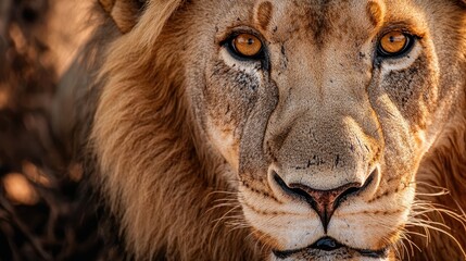 Obraz premium Close up portrait of a majestic lion embodying the essence of wilderness royalty Intense gaze of this apex predator showcases its powerful and striking beauty A stunning encounter