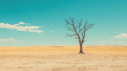 Fototapeta premium A barren desert scene with a solitary dead tree rising against the dry landscape representing harsh arid conditions