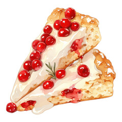 A delicious slice of dessert topped with creamy frosting and vibrant red berries, set against a black background.