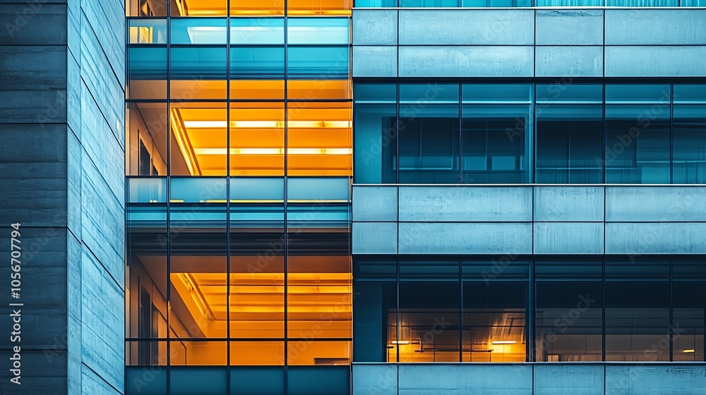 Aufkleber Illuminated Office Windows in Modern Urban Building at Dusk Horizontal View : Generative AI