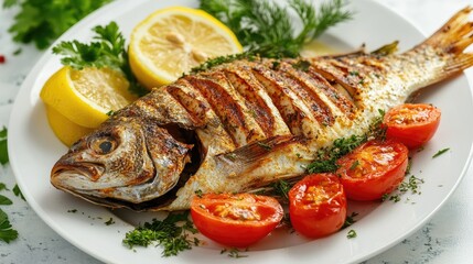 Crispy grilled fish garnished with lemon fresh tomatoes and a blend of aromatic herbs