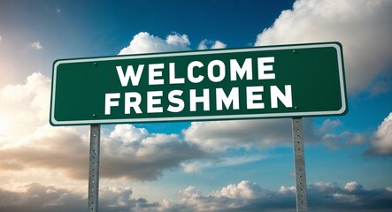 Obraz premium welcome freshmen text on road sign with clouds and sky background
