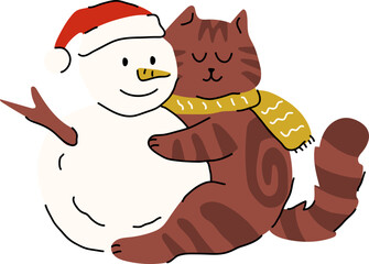 Cute Cat and Snowman Holiday Illustration