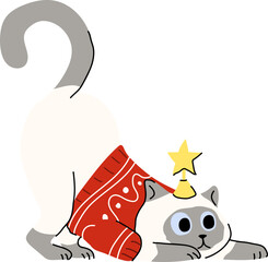 Vector Illustration of Christmas Cat in Festive Sweater and Hat