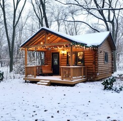 Snow-covered cabin with wooden porch and lights in winter