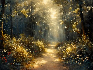Sunlit Forest Path: A Tranquil Woodland Scene