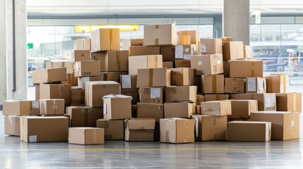 A large stack of cardboard boxes awaits processing in a modern warehouse environment.