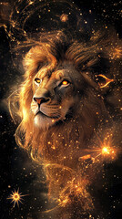 Naklejka premium sign of the zodiac leo - portrait of a lion in a colorful universe with some galaxies and stars 