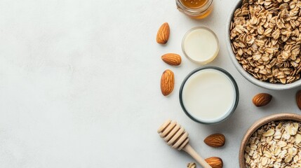 Nutritious breakfast featuring granola almonds milk and honey arranged on a white surface
