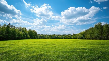 Obraz premium Green Meadow Among Trees Under Sky With White Clouds