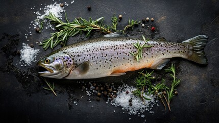 Obraz premium Fresh trout with salt pepper and rosemary on a dark surface ready to be enjoyed A delicious fish dish awaits
