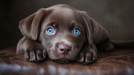 Charming portrait of a chocolate Labrador puppy with captivating blue eyes relaxing on a leather surface