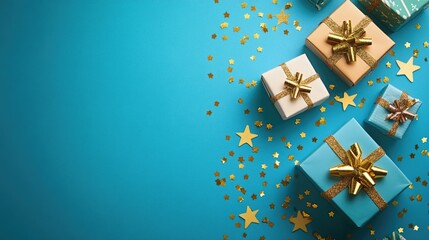 Festive greeting card featuring gift boxes and golden stars set against a blue turquoise background perfect for celebrations like Christmas or birthdays