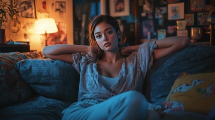 Obraz premium A photo of a 30ish woman on a couch in her room, looking at the camera 
