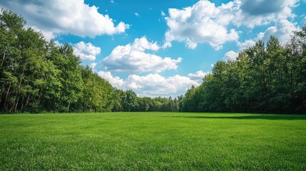 Obraz premium Green Meadow Among Trees Under Sky With White Clouds