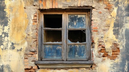 Weathered window of a deserted residence within a historic structure