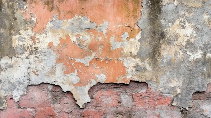 Weathered cement surface with areas of peeling paint and exposed brick