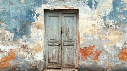 A quaint door set within a weathered peeling wall