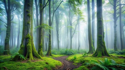 Fototapeta premium Misty morning in a dense forest with fog rolling in off the ground and tendrils of mist curling up tree trunks, mist, misty atmosphere, mystical ambiance, greenery, trees