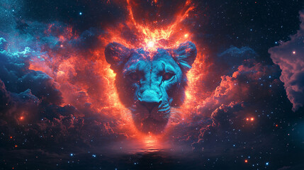 sign of the zodiac leo - portrait of a lion in a colorful universe with some galaxies and stars
