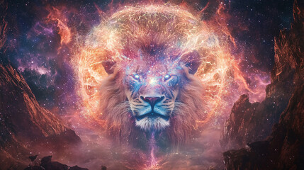 sign of the zodiac leo - portrait of a lion in a colorful universe with some galaxies and stars
