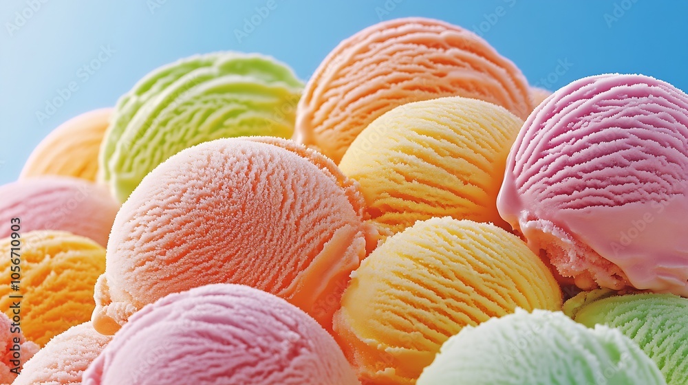 Poster vibrant assorted ice cream scoops on bright blue background : generative ai