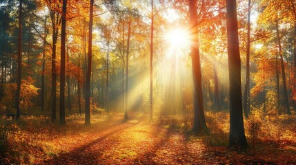 Fototapeta premium Warm sunlight illuminating a panoramic view of an autumn forest
