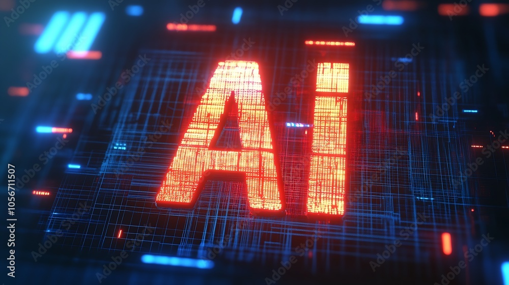 Poster High-Tech AI Digital Display with Glowing Red and Blue Elements : Generative AI